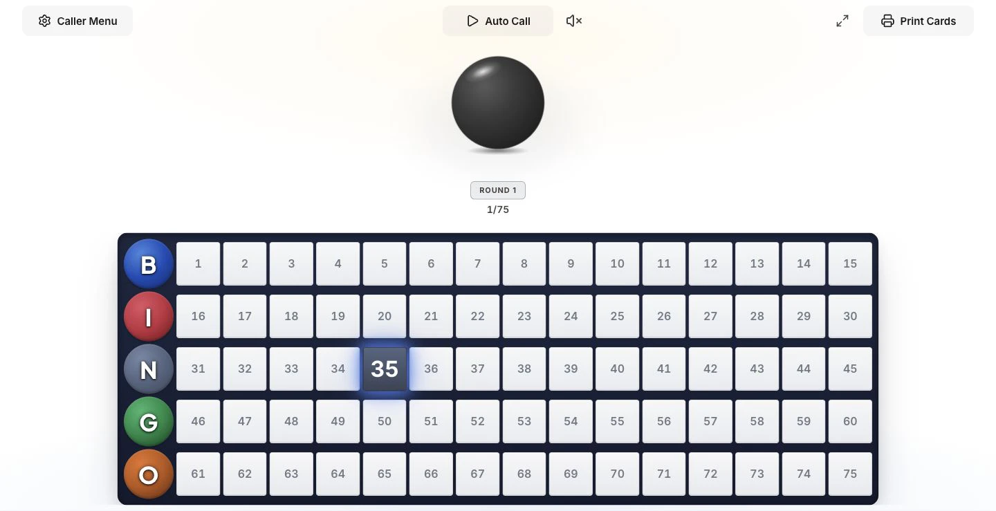 BingWow's free 75-ball Bingo Caller after the first draw, with number 35 illuminated on the B-I-N-G-O flashboard beneath the caller controls.