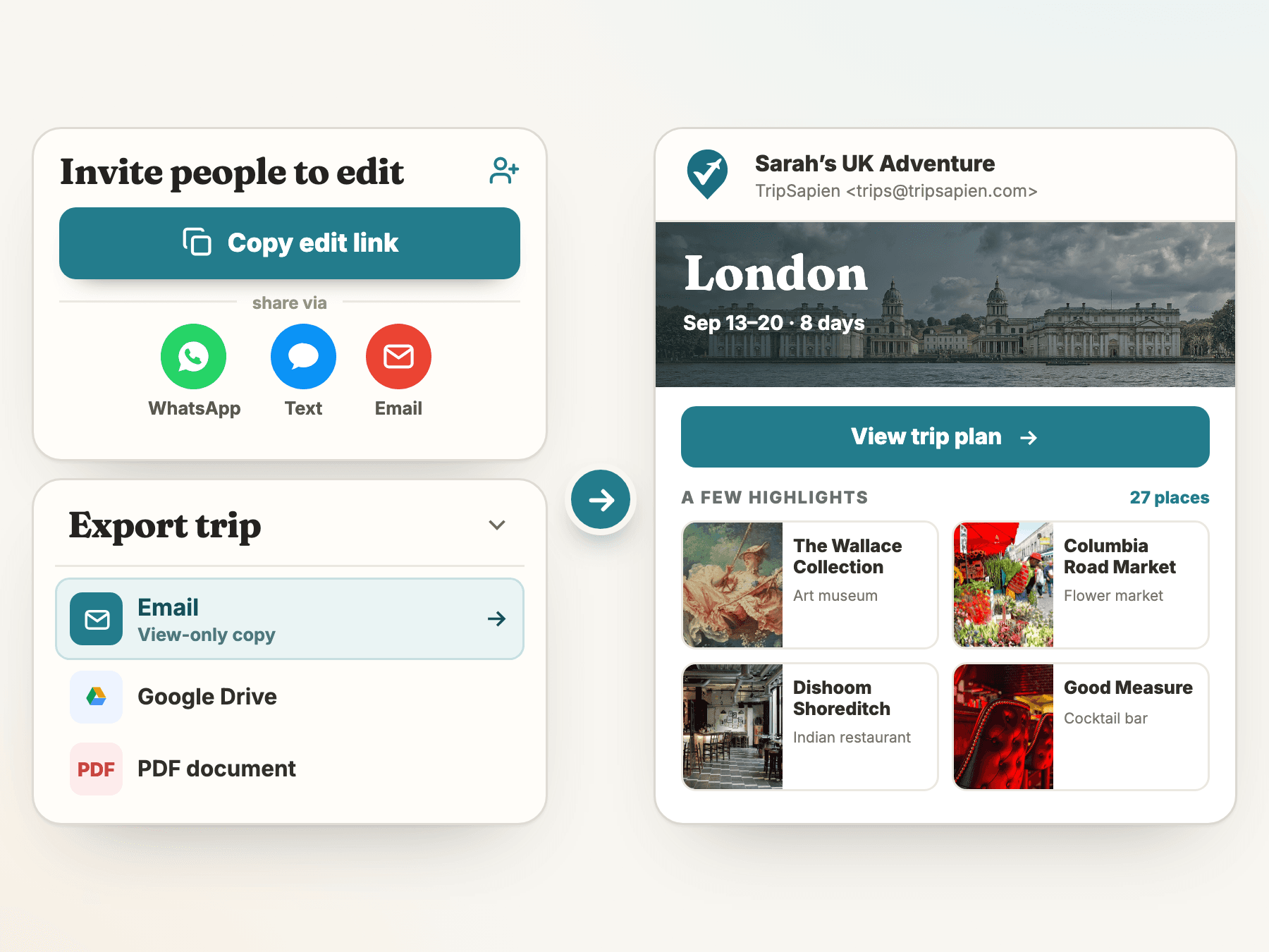 TripSapien collaboration: an invite-to-edit panel with share options beside the emailed trip summary with highlights.