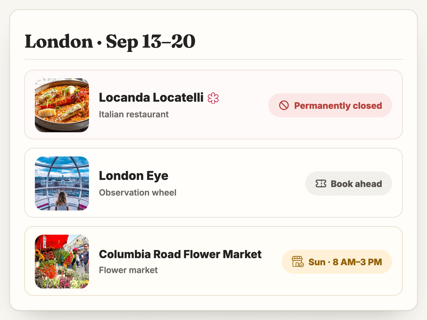 TripSapien's date-check card: one place permanently closed, one needing booking, one with limited hours