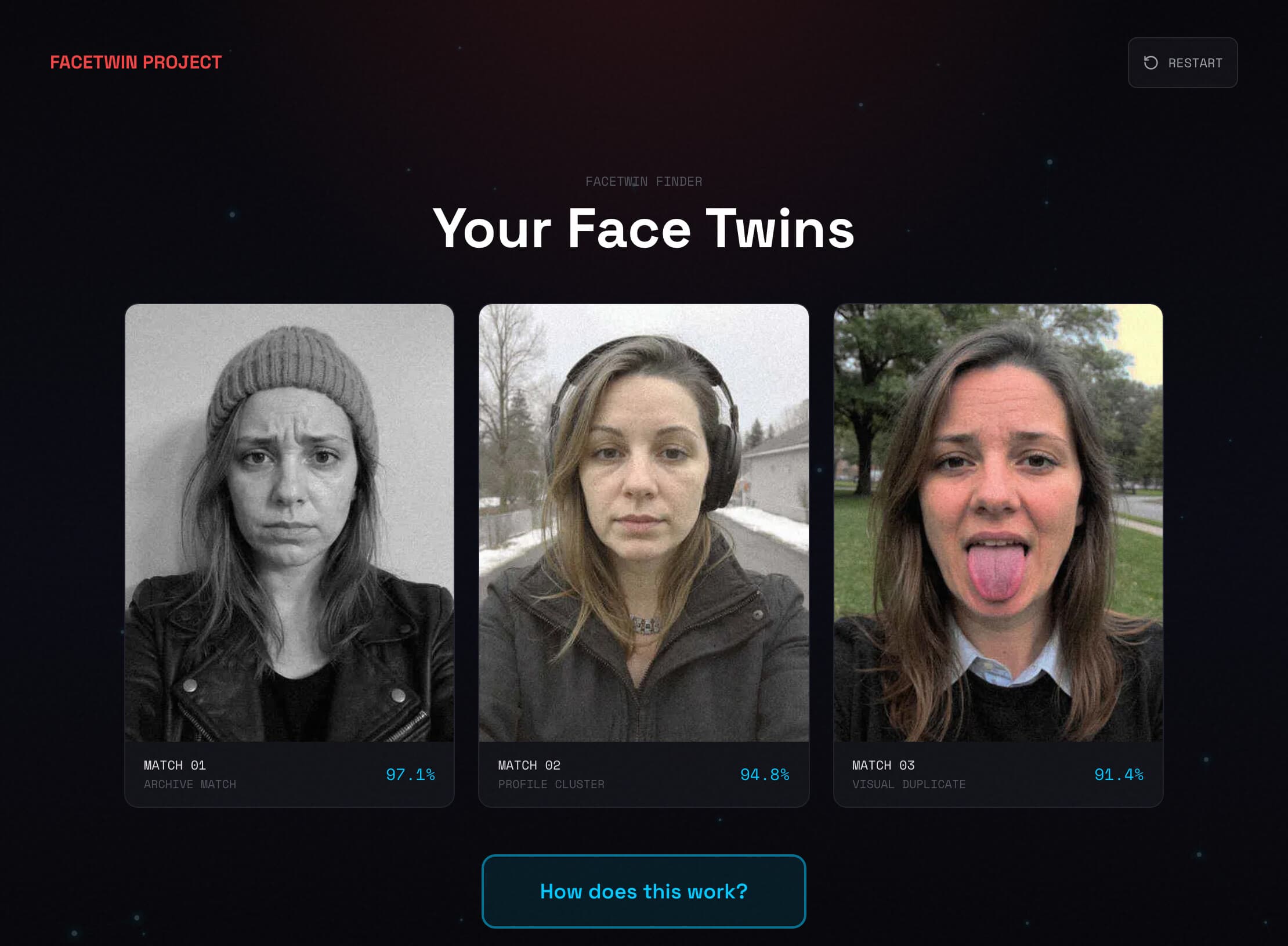 FaceTwin's fake AI results page: three 'face twin' match cards with deterministic match scores