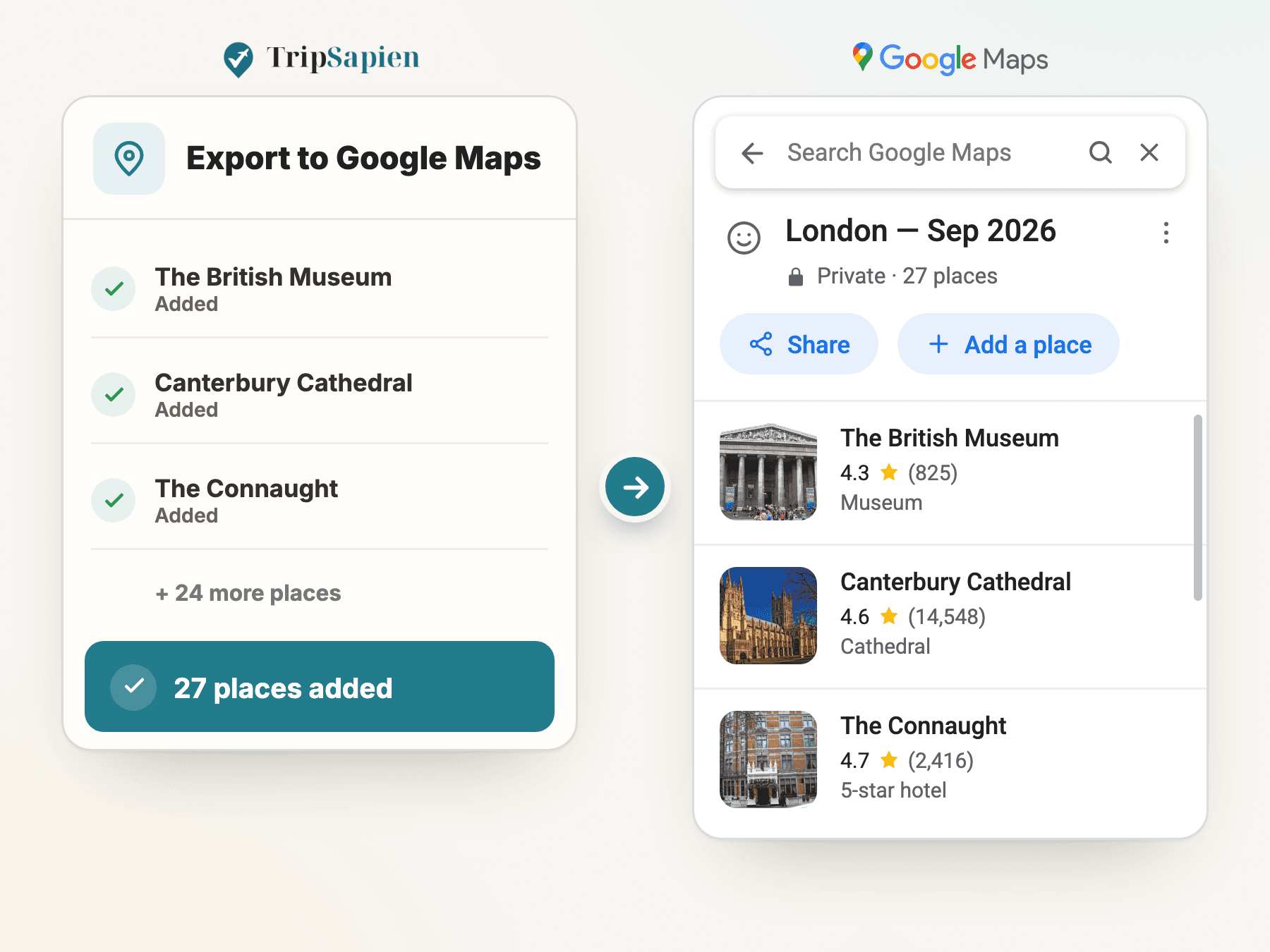TripSapien's Google Maps export: 27 places pushed into a private 'London — Sep 2026' Google Maps list, shown side by side.
