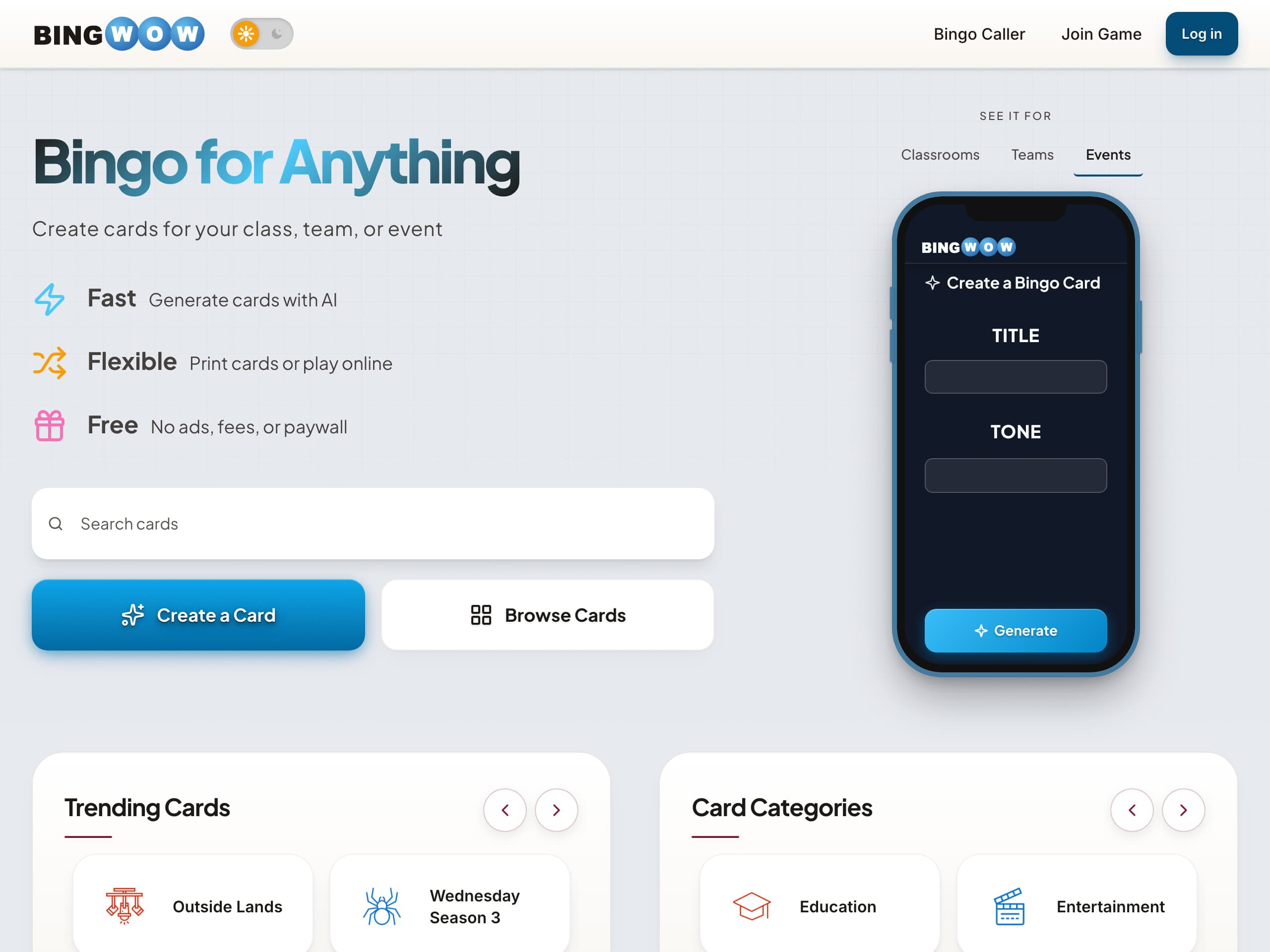 BingWow's homepage: 'Bingo for Anything' beside a phone mockup running the AI card creator
