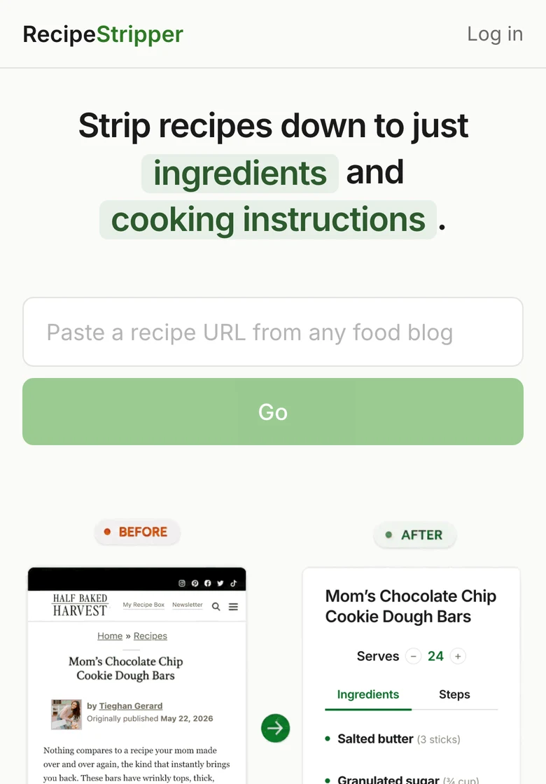 RecipeStripper's mobile homepage: the strip-recipes headline, URL input with Go button, and the before/after of an ad-choked recipe blog beside the same recipe stripped clean.