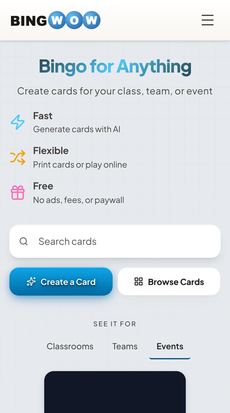 BingWow's mobile homepage: 'Bingo for Anything' with Fast / Flexible / Free selling points, card search, and Create-a-Card and Browse-Cards buttons.