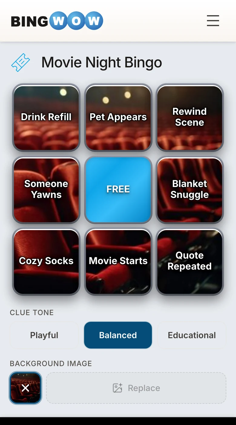 AI card creation on mobile: a generated 'Movie Night Bingo' board with themed squares and an AI-generated cinema background, plus clue-tone and background controls.