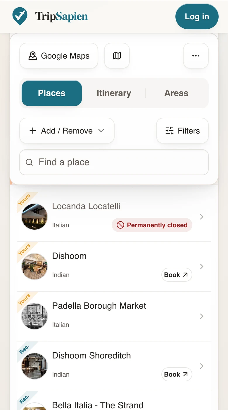 A London trip's Places tab on mobile: Locanda Locatelli flagged 'Permanently closed' at the top, above real place rows with photos, Yours and Recommended ribbons, and Book actions.