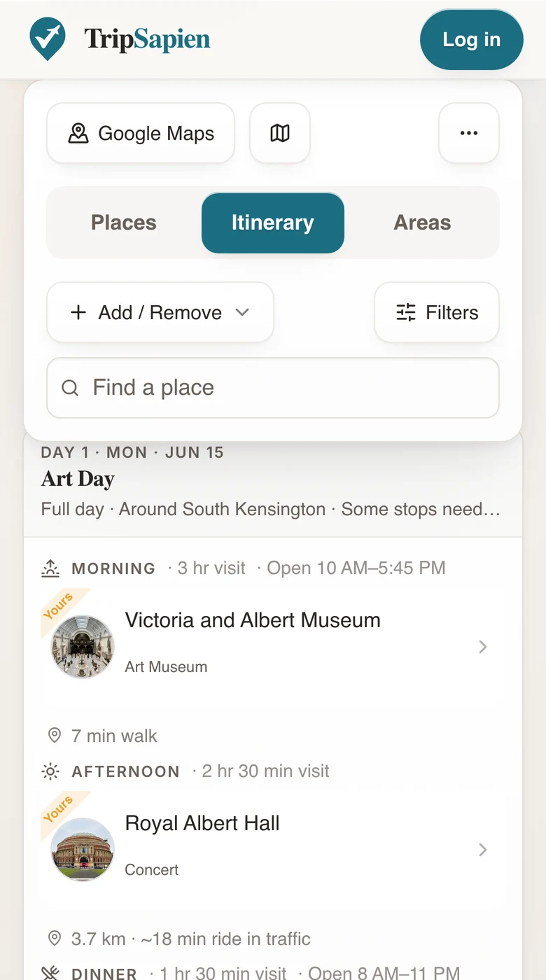 The Itinerary tab on mobile: Day 1 'Art Day' with morning, dinner and evening slots, visit lengths, open hours, and walking and ride times between stops.