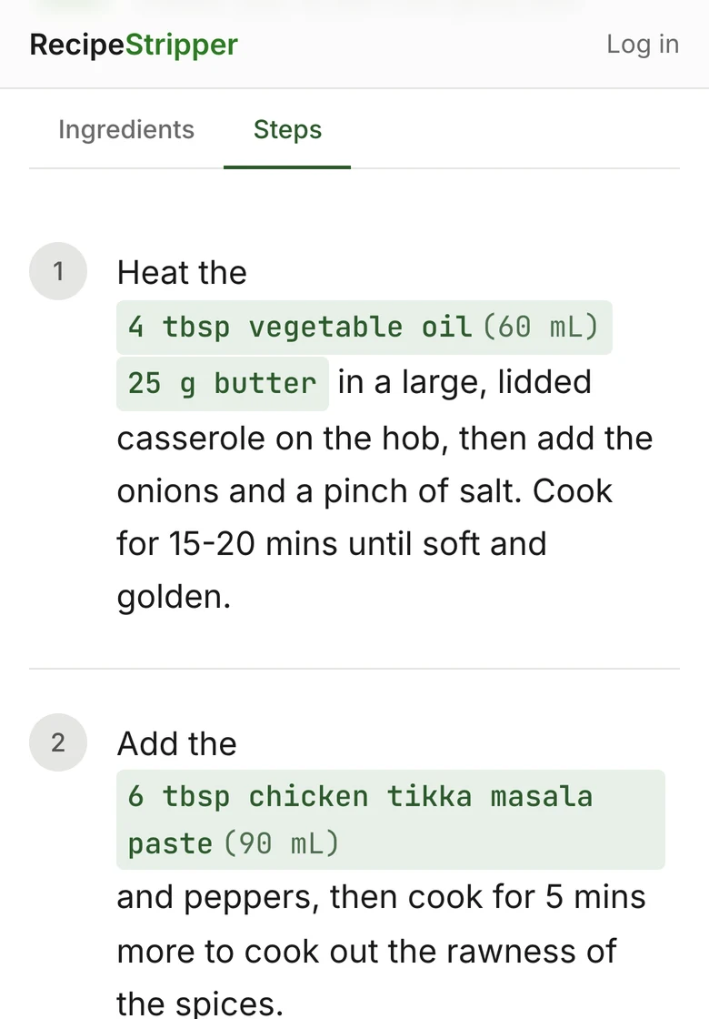 Recipe Steps on mobile: numbered steps with each ingredient amount highlighted inline in the step that uses it.