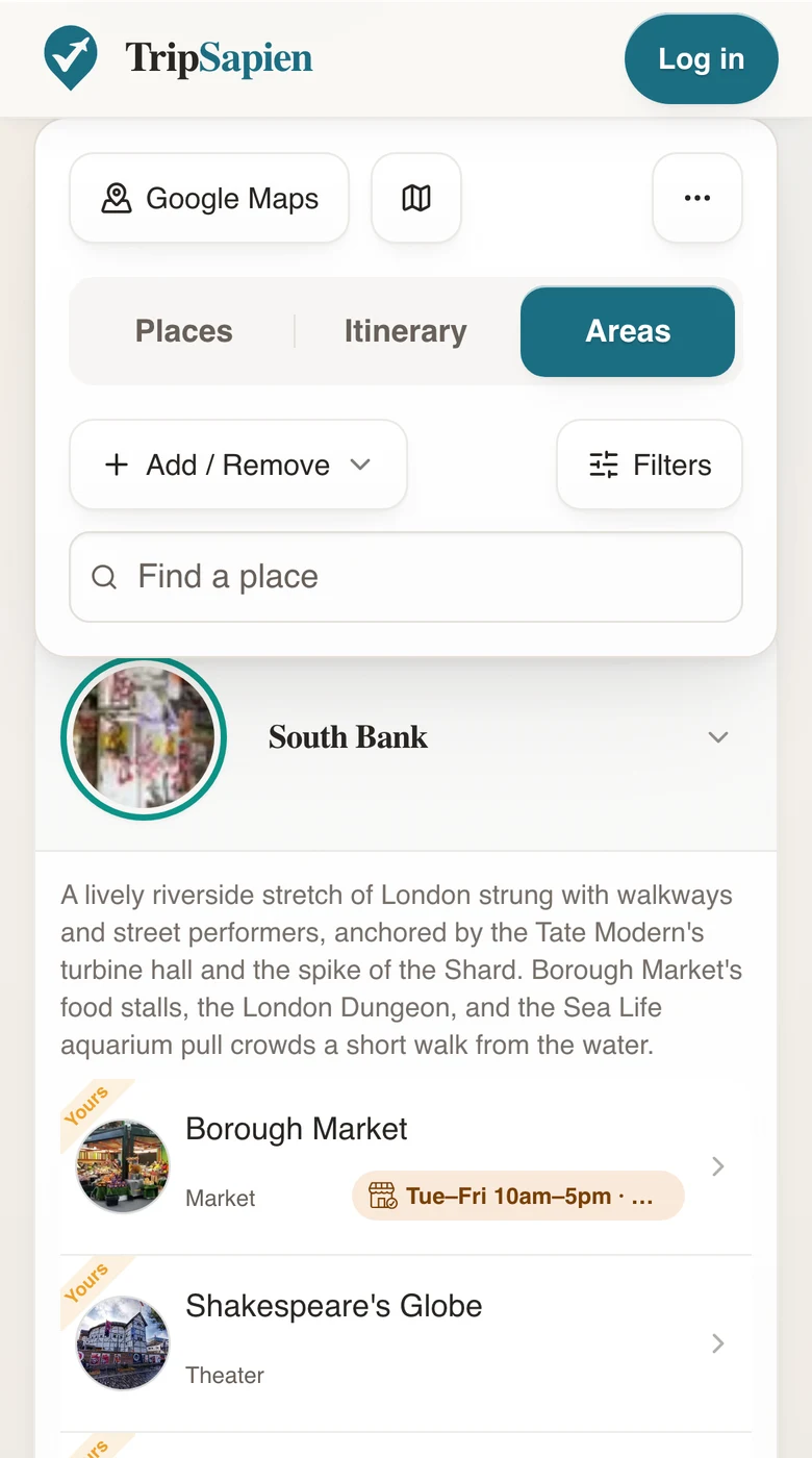 The Areas tab on mobile: the South Bank neighborhood with its editorial blurb and the trip's places grouped under it.