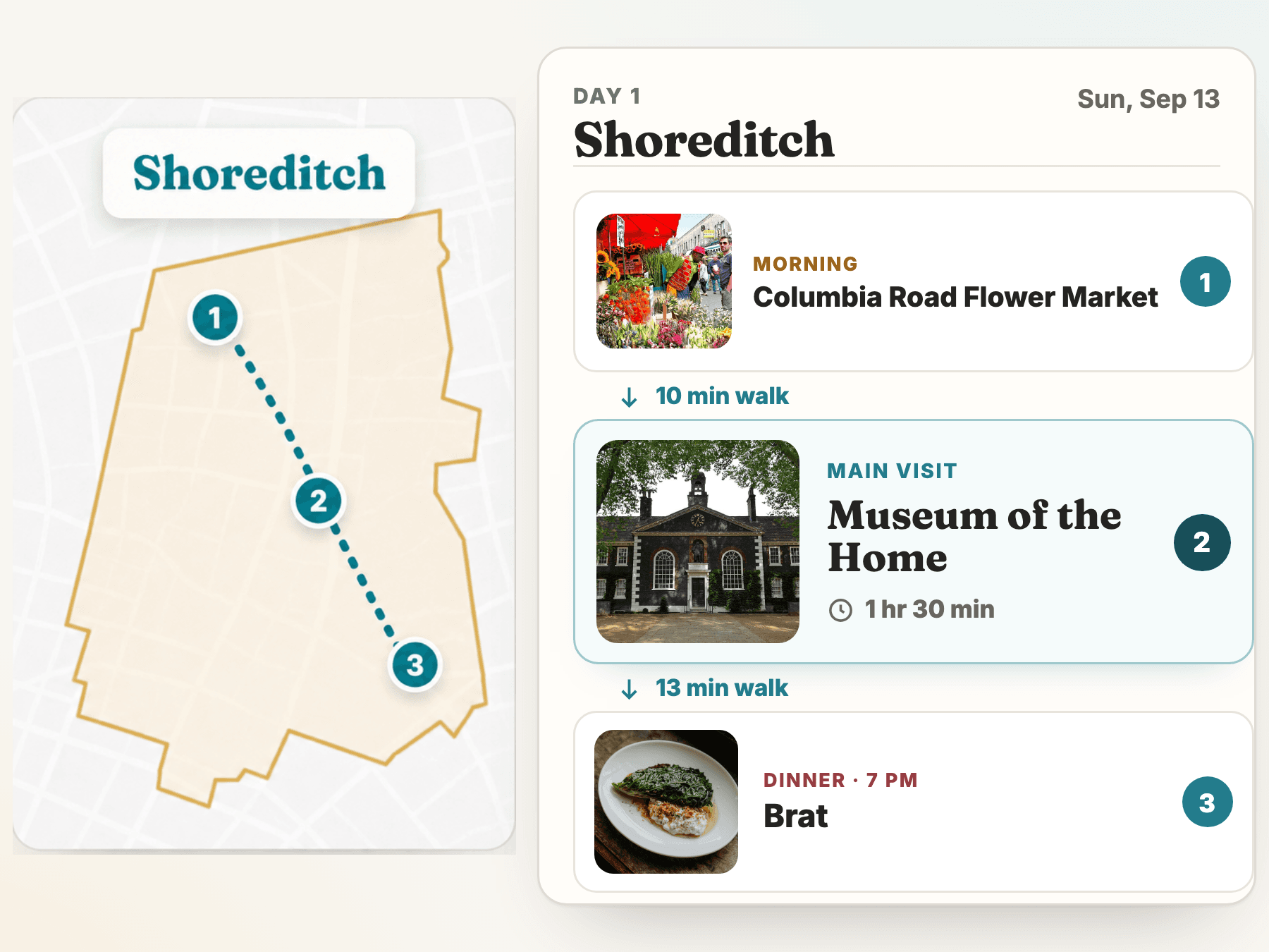 A TripSapien neighborhood day plan: a Shoreditch map with a numbered walking route beside the day's schedule — flower market, Museum of the Home, dinner at Brat, with walking times between.