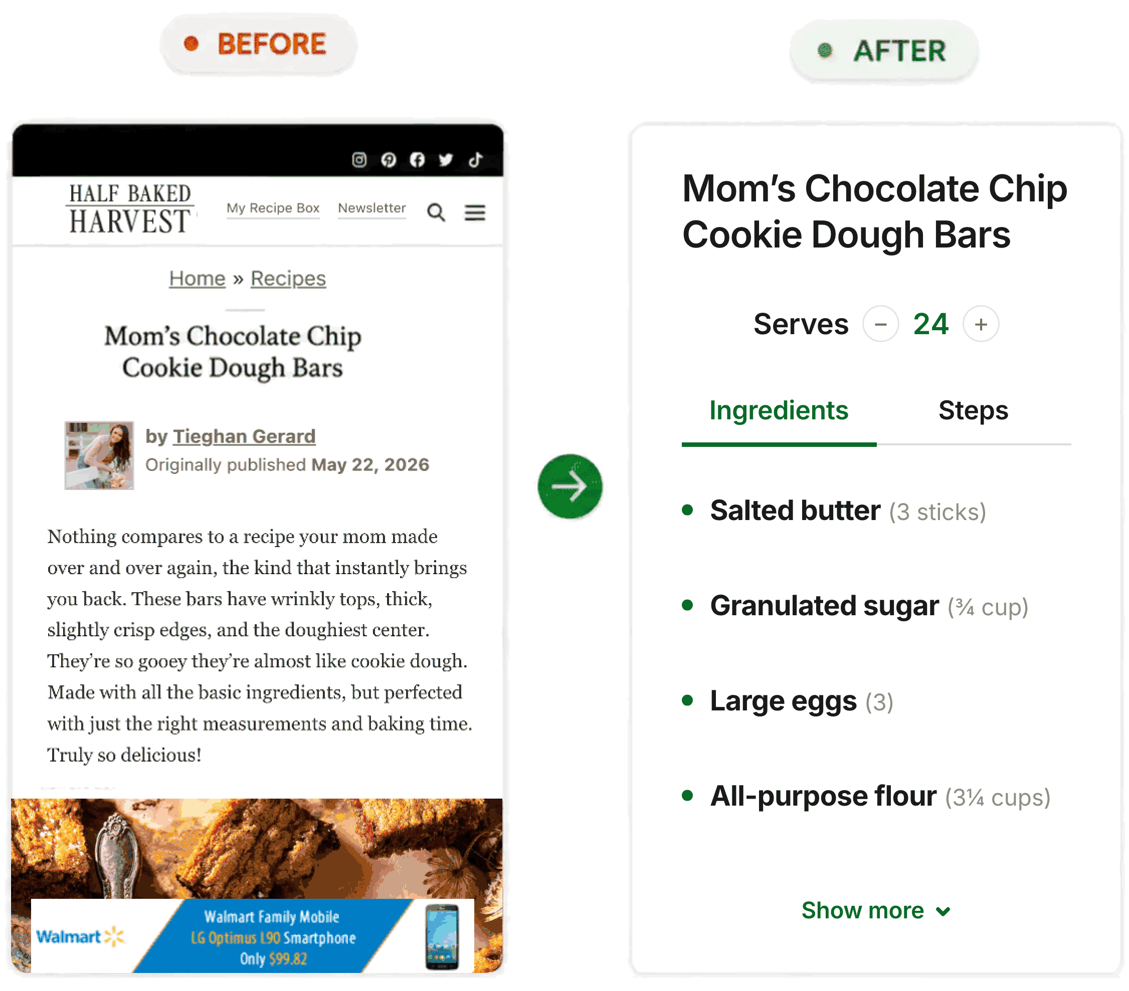 Animated RecipeStripper before and after: an ad-covered recipe blog sits beside a clean recipe whose prominent tabs switch between a well-spaced list of butter, sugar, eggs, and flour and two numbered cooking steps.